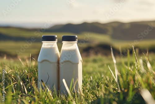 bottle of milk on grass in farm