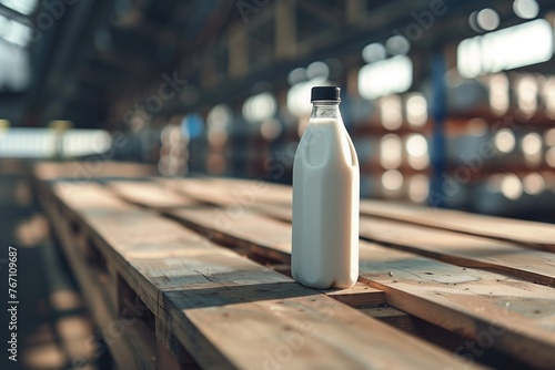 bottle of milk on a wooden table in farm