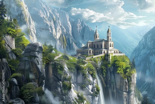 Tranquil remote mountain monastery, sanctuary of solitude and spirituality, concept illustration