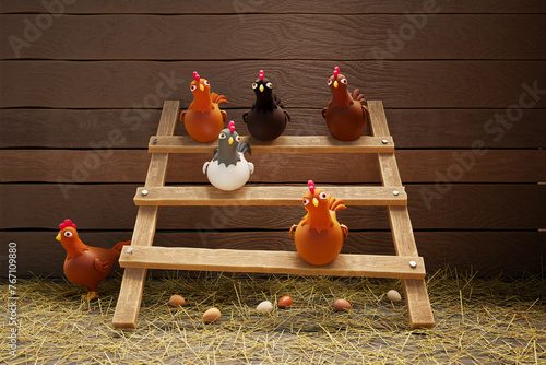 Obraz na płótnie Whimsical Cartoon Chickens Perched on Wooden Ladder in Rustic Barn Setting w salonie