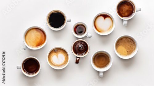 Many cups of different coffee on white background. © vlntn