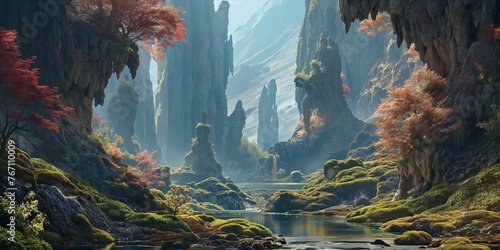 Mystical landscape of towering spires and lush valleys, a fantasy realm captured
