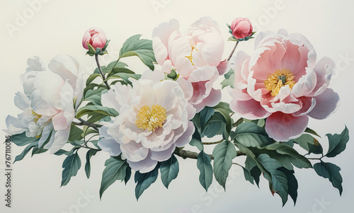 Exotic white peony flower with monotone color with art beautiful detailed in victorian style.elegance floral images for decoration design