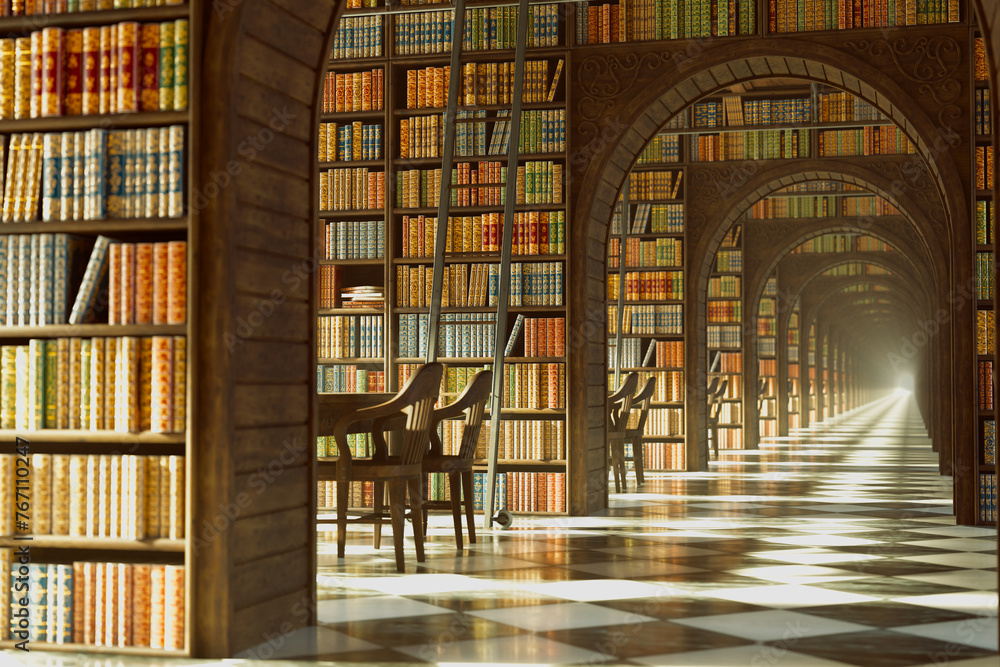 Majestic Library Hall Illuminated by Sunlight, Featuring Ornate Arched Bookcases