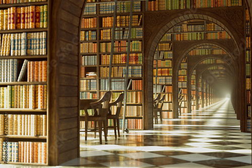 Majestic Library Hall Illuminated by Sunlight, Featuring Ornate Arched Bookcases
