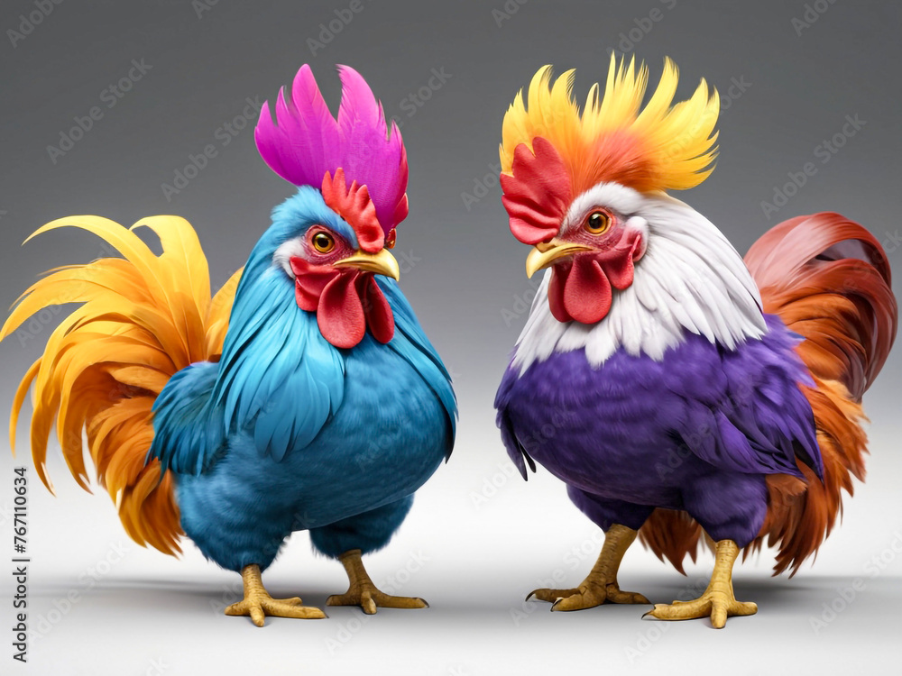 colorful roosters are standing