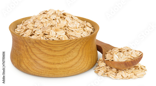 Oat flakes in wooden bowl and spoon isolated on white background with full depth of field