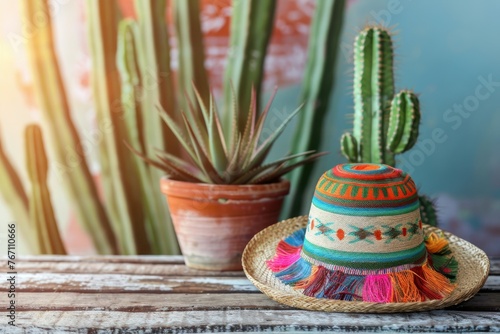 Mexican hat and cactus on wooden table, closeup view