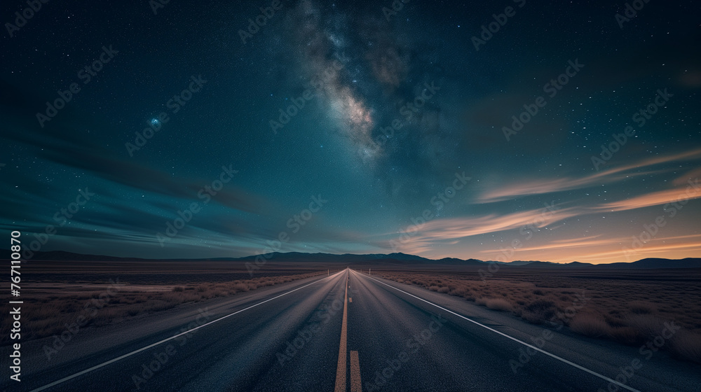 A mesmerizing night sky over a deserted highway.