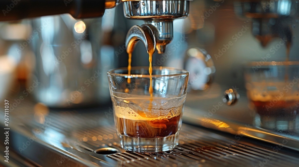 Close-up shot: espresso pours into clean glass from coffee machine, focus on handle. Food/coffee photography style. - obrazy, fototapety, plakaty 