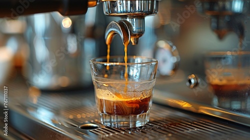 Close-up shot: espresso pours into clean glass from coffee machine, focus on handle. Food/coffee photography style.