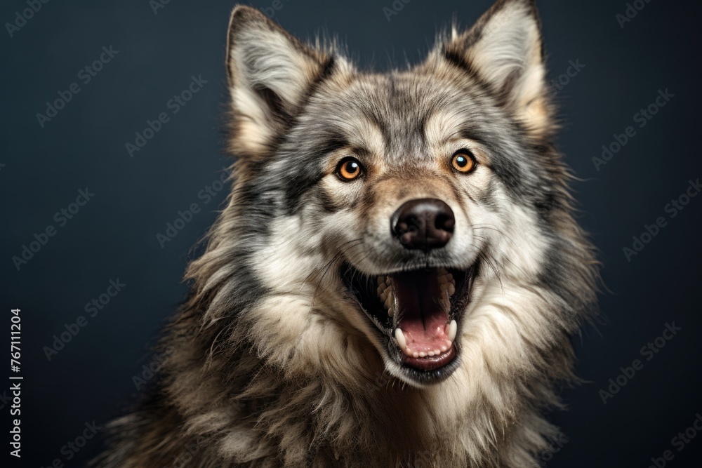 Happy surprised wolf with open mouth.