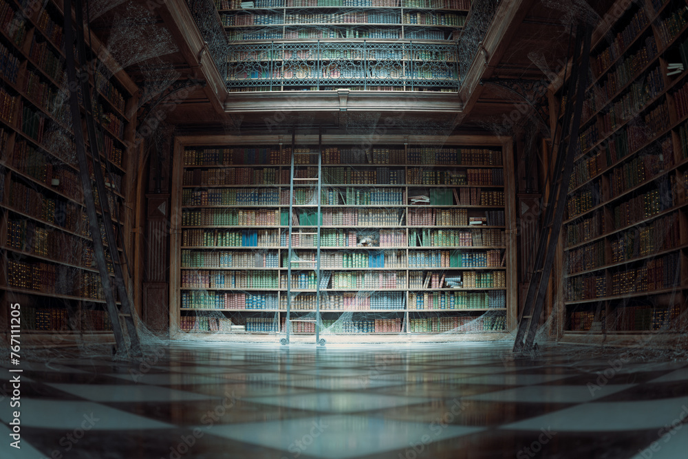Enchanting Vintage Library Interior with Colorful Books and Wheeled Ladder