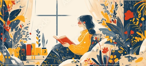 woman reading book beside window at spring timehappy reading concept, artful minimal style cartoon illustration with grungy noise texture, Ai Generated photo