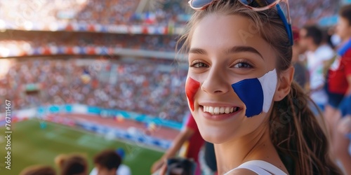 French fan in the soccer football stadium merge with French flag