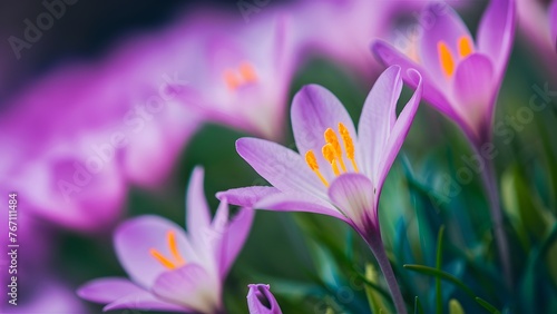 Blurred background with full focus on purple flowers  yellow anthers