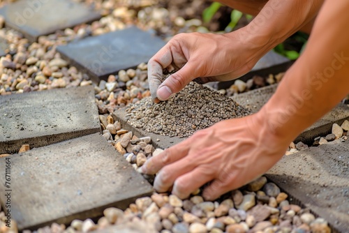 closeup of hands arranging decorative gravel around garden pavers