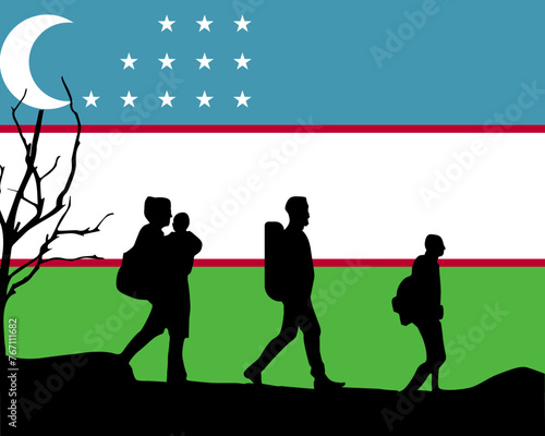 Immigration and refugees front of Uzbekistan flag, immigrant and refugee concept