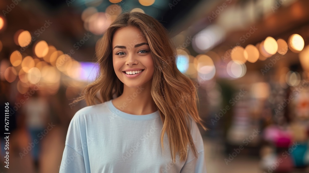 Obraz premium A woman with long brown hair is smiling at the camera in a mall