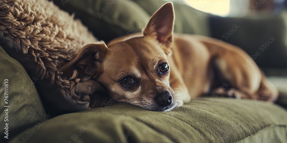 A cozy Chihuahua nestled in soft blankets, embodying quiet comfort A cozy Chihuahua nestled in soft blankets, embodying quiet comfort