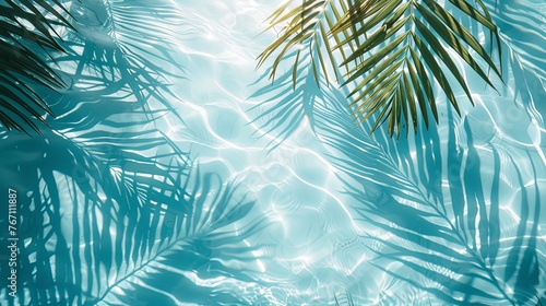 Water background palm leaf shadow on abstract white sand beach background, sun lights on water surface, beautiful abstract background concept banner for summer vacation at the beach blue aqua texture © Sittipol 