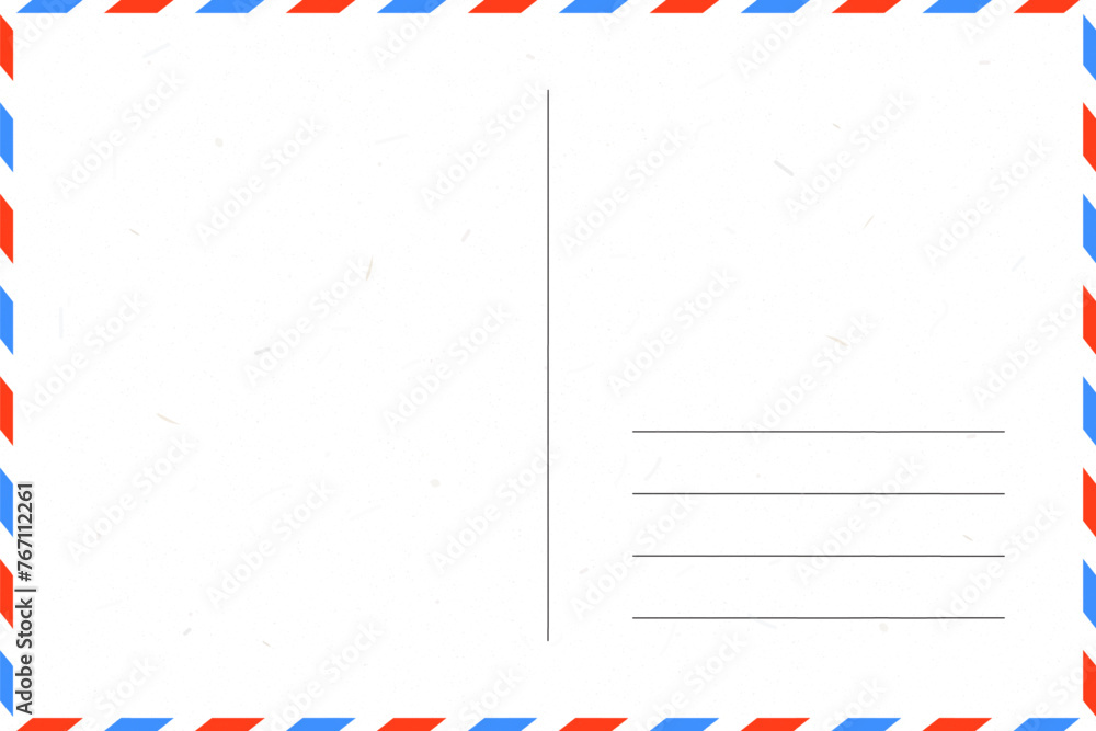 blank postcard template with place for stamp. white paper texture. airmail postcard with red and blue border