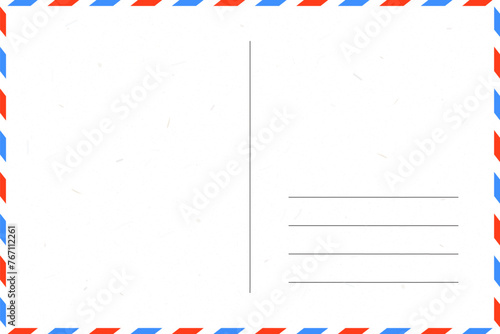 blank postcard template with place for stamp. white paper texture. airmail postcard with red and blue border photo