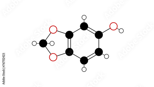 sesamol molecule, structural chemical formula, ball-and-stick model, isolated image natural phenols photo