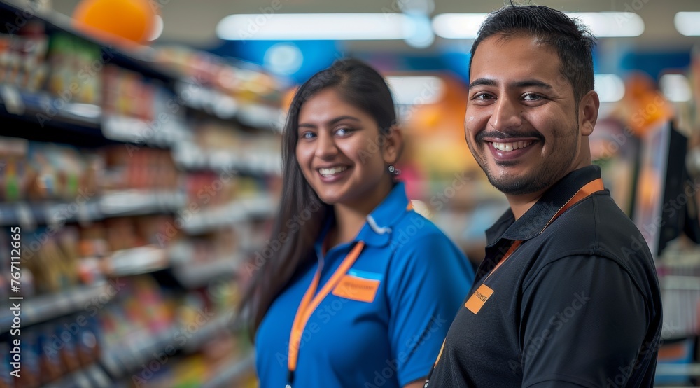 A man and a woman are smiling at the camera in a grocery store A man and a woman are smiling at the camera in a grocery store