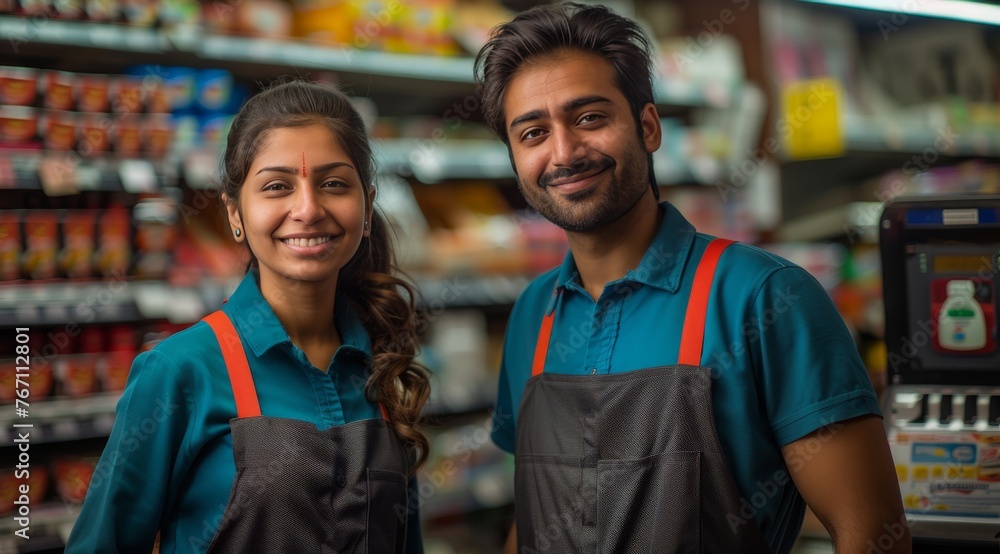 A woman and a man are standing in a store, smiling at the camera A woman and a man are standing in a store, smiling at the camera