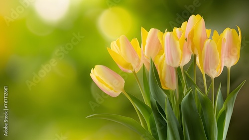 Blurred nature green background complements yellow tulips bouquet