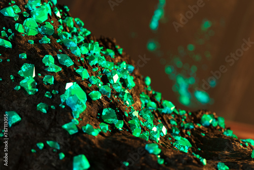 Fototapeta Naklejka Na Ścianę i Meble -  Captivating Emerald Crystals Gleaming on a Dark, Textured Rock Surface