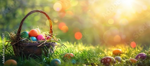 Easter joy is depicted in a scene of a basket filled with colorful eggs on green grass under the sun during springtime. This image can serve as a decorative Easter banner or background, photo