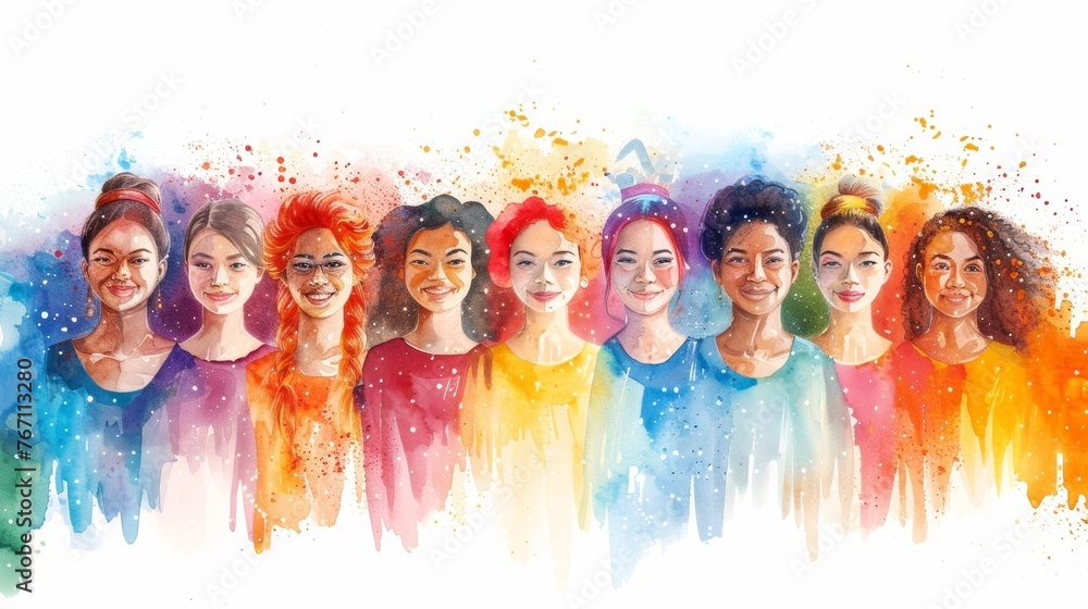 A diverse group of young women happily posing together, showing unity and positivity, in a vibrant watercolor design on a plain white backdrop, symbolizing the beauty of diversity. A diverse group of young women happily posing together, showing unity and positivity, in a vibrant watercolor design on a plain white backdrop, symbolizing the beauty of diversity.