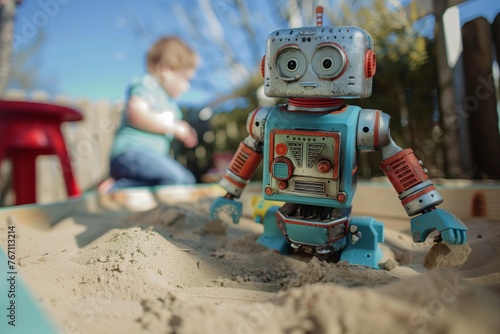 robot toy in a sandbox with a child in the background © studioworkstock