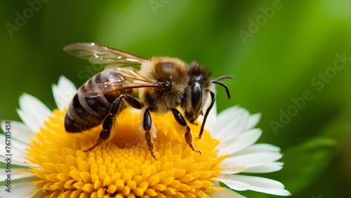 Blurry green background with macro shot of honey bee