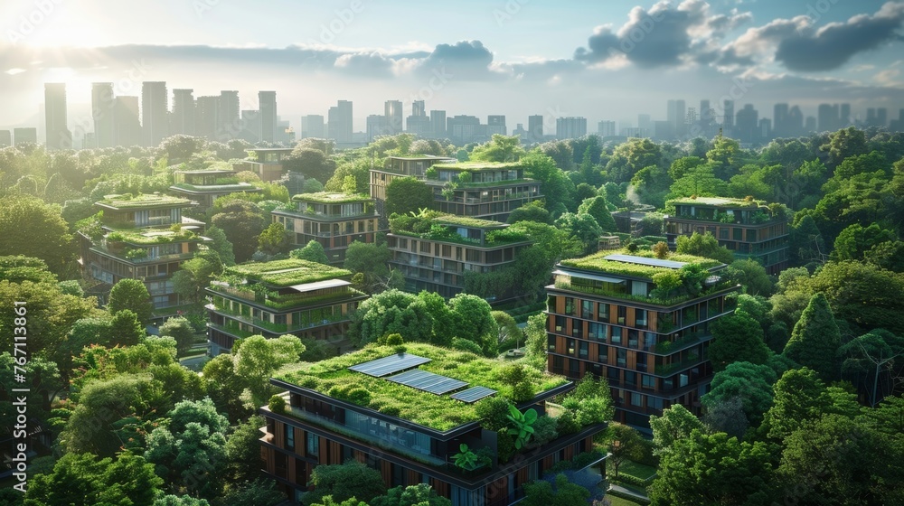 The sustainable urban landscape showcases advanced architectural techniques such as eco-friendly rooftops, solar power integration, and environmentally conscious living designs. - obrazy, fototapety, plakaty 