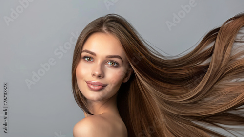 Portrait of a young woman with beautiful long healthy brown hairs. Hair care concept. Grey background, side view. Space for text.  photo