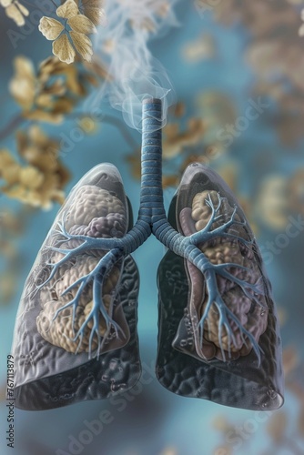 Close-up on the structural changes in the lungs caused by emphysema, underscoring the devastating impact of smoking and air pollution photo