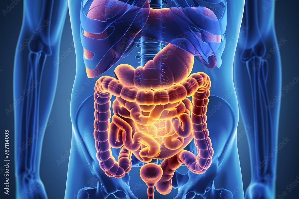 Visualization of the digestive system illustrating the impact of chronic inflammation on the bodys ability to process food and absorb nutrients - obrazy, fototapety, plakaty 