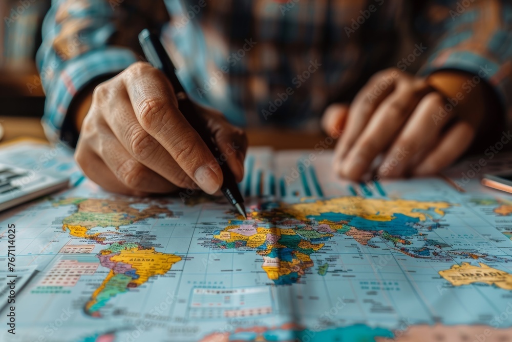 Study the world map in detail with key financial centers emphasized, being observed by a successful business professional. Study the world map in detail with key financial centers emphasized, being observed by a successful business professional.