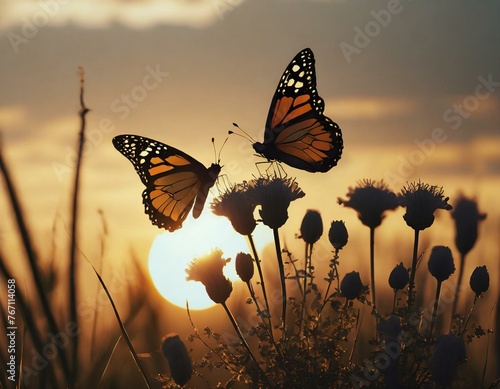 Close up of silhouette butterflies perching on plants against sky during sunset photo
