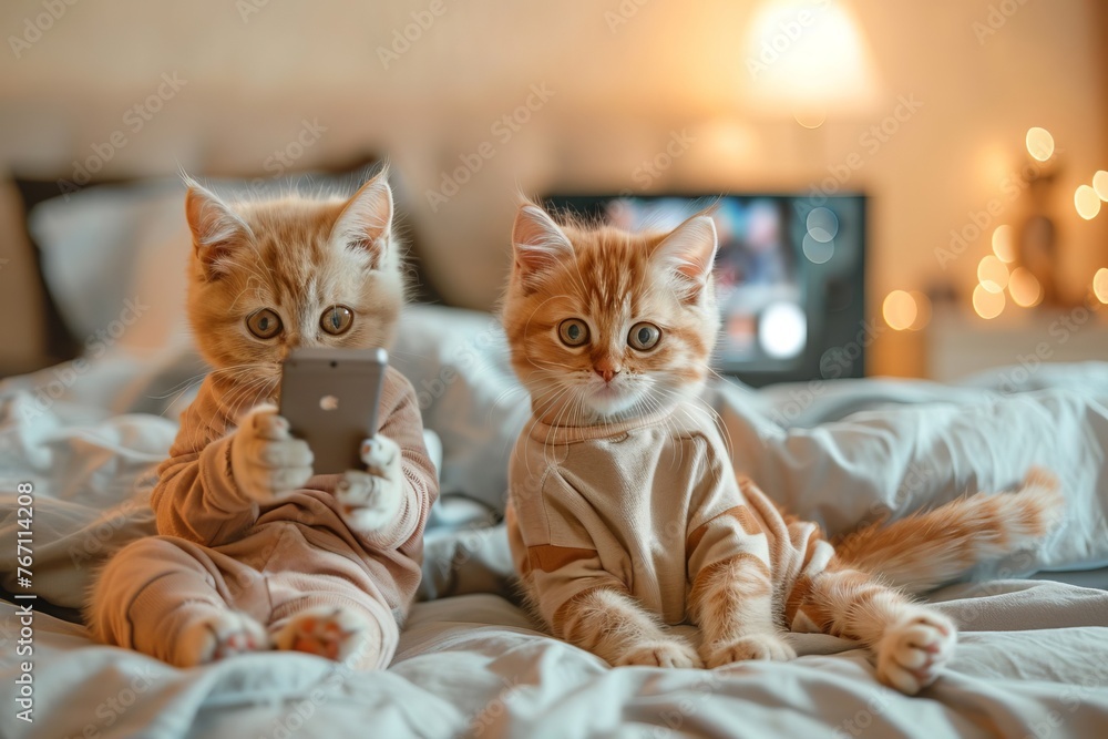 Two Kittens Playing Smartphone on Bedroom