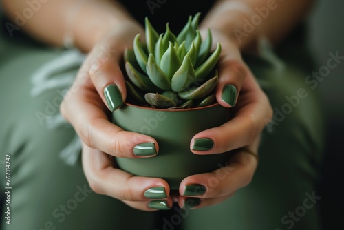 hands holding a succulent pot, nails in earthy green tones photo