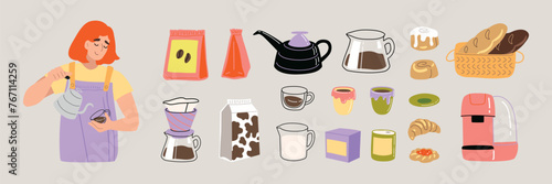 Cute barista making specialty coffee in a cozy cafe interior vector illustration. Woman worker with cups preparing cappuccino, filter, espresso Modern flat hand drawn vector illustration graphic