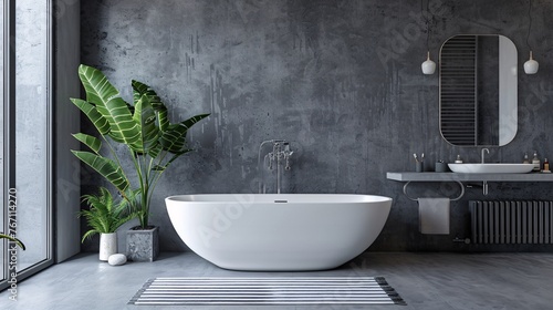  Contemporary bathroom with stylish bathtub  sleek sink  functional mirror  concrete elements  grey radiator  and industrial chic vibe
