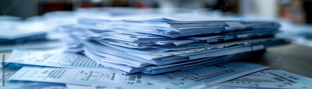 Detailed view of a stack of finished voting papers awaiting tabulation, focusing on the importance of maintaining the credibility of elections. Detailed view of a stack of finished voting papers awaiting tabulation, focusing on the importance of maintaining the credibility of elections.