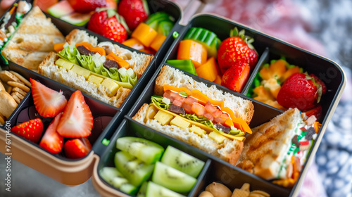 Healthy lunch box with fresh fruits and vegetables, colorful and balanced meal.
