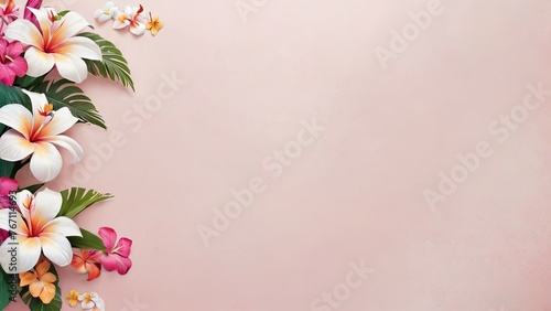 Tropical Frangipani Flowers Border on Pastel Background