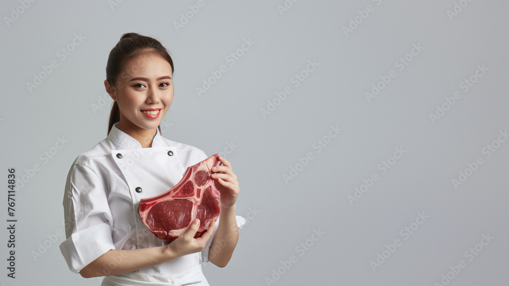 An upbeat young chef in white holds a beef steak, emanating passion and enthusiasm for cooking An upbeat young chef in white holds a beef steak, emanating passion and enthusiasm for cooking